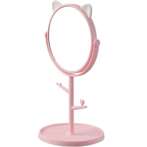 Oglina Cosmetica cu Picior, Flippy, HD, Rotire 360 Grade, 15 cm Diametru, Suport Bijuterii Baza Rotunda + 2 Brate, Model cu Urechi, 31 x 14.5 x 15 cm, din Plastic, Roz/Alb - Img 3