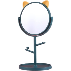 Oglina Cosmetica cu Picior, Flippy, HD, Rotire 360 Grade, 15 cm Diametru, Suport Bijuterii Baza Rotunda + 2 Brate, Model cu Urechi, 31 x 14.5 x 15 cm, din Plastic, Albastru/Galben - Img 1
