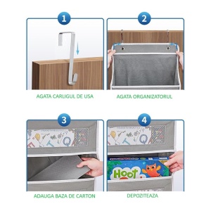 Organizator Suspendat pentru Usi, Flippy, din Nailon si Plasa, Baza de Carton Ingrosat, 5 Buzunare Principale + 5 Buzunare Laterale, 146 x 40 x 17 cm, 2 Carlige Incluse, Gri - Img 4
