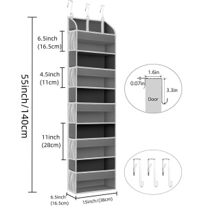 Organizator Suspendat pentru Usi, Flippy, din Nailon si Plasa, Baza de Carton Ingrosat, 5 Buzunare Principale + 10 Buzunare Laterale, 140 x 39 x 17 cm, 3 Carlige Incluse, Gri - Img 3