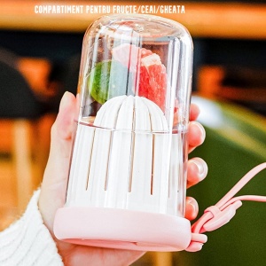 Pahar din silicon, cu capac si pai, pentru copii, Flippy, anti-cadere, compartiment pentru fructe/ceai/gheata, rezistent la temperaturi inalte, 500ml, Roz, 14.5x8.8x20 cm - Img 3