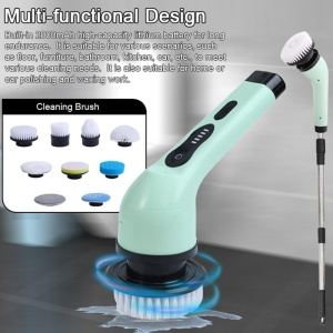Perie Electrica de Curatare, Flippy, pentru Gresie, Baie, Bucatarie, 25x20x9.5 cm, cu 6 Capete, Maner Extensibil Detasabil 84-127cm, Incarcare USB-Type C, Rotire 360 de Grade, 3000 mAh, Culoare: Verde - Img 5