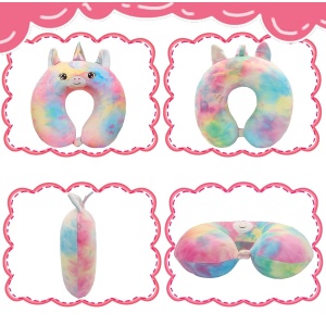 Perna de Calatorie in Forma de U, Flippy, Pentru Gat si Cap, Umplutura din Spuma cu Memorie, 30x30 cm, Model Unicorn, Accesoriu de Voiaj, Birou, Masina, Sistem Prindere Capse, Multicolor - Img 3