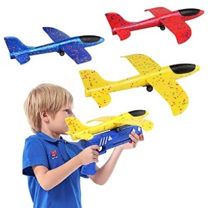 Pistol cu Lansator de Avion, Flippy, din Polistiren+Plastic, +3 Ani, Avion 38 cm, Lansare 10 m, cu Lumini si Roti, Galben/Albastru - Img 3