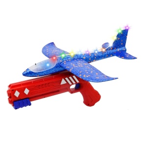 Pistol cu Lansator de Avion, Flippy, din Polistiren+Plastic, +3 Ani, Avion 38 cm, Lansare 10 m, cu Lumini si Roti, Rosu/Albastru - Img 1