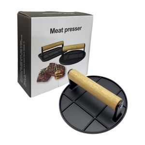 Presa Manuala pentru Carne, Flippy, din Aliaj de Aluminiu, Maner din Lemn, Presa pentru Burgeri, Usor de Curatat si Folosit, Rotunda, 16x16x6 cm, Neagra - Img 3