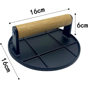 Presa Manuala pentru Carne, Flippy, din Aliaj de Aluminiu, Maner din Lemn, Presa pentru Burgeri, Usor de Curatat si Folosit, Rotunda, 16x16x6 cm, Neagra - Img 7
