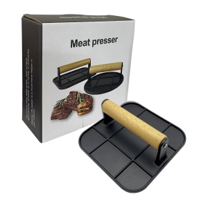 Presa Manuala pentru Carne, Flippy, din Aliaj de Aluminiu, Maner din Lemn, Presa pentru Burgeri, Usor de Curatat si Folosit, Patrata, 16x16x6 cm, Neagra - Img 6
