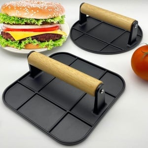 Presa Manuala pentru Carne, Flippy, din Aliaj de Aluminiu, Maner din Lemn, Presa pentru Burgeri, Usor de Curatat si Folosit, Patrata, 16x16x6 cm, Neagra - Img 10