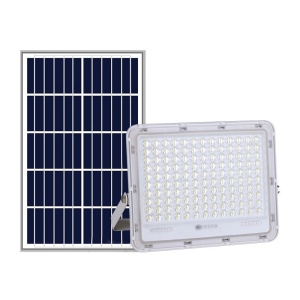 Proiector LED cu Panou Solar Flippy, Senzor de lumina Waterproof, 100W, 23x18 cm, suport U inclus, panou afisaj nivel baterie, telecomanda, 220V, Design Modern, Alb - Img 1