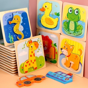 Puzzle Montessori din Lemn pentru Copii, Flippy, 3D, 0-3 Ani, Model Catel, Educativ, Intuitiv, Creativ, 3 Piese, 15x15x0.5 cm, Multicolor - Img 8