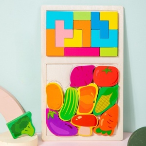 Puzzle Montessori din Lemn pentru Copii, Flippy, Tip Tetris 2in1 +3 Ani, cu Legume Colorate 3D, Educativ, Intuitiv, Creativ, 21 de Piese, 28.5x17x1.2 cm, Multicolor - Img 6