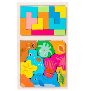Puzzle Montessori din Lemn pentru Copii, Flippy, Tip Tetris 2in1 +3 Ani, cu Animale Marine Colorate 3D, Educativ, Intuitiv, Creativ, 21 de Piese, 28.5x17x1.2 cm, Multicolor - Img 1