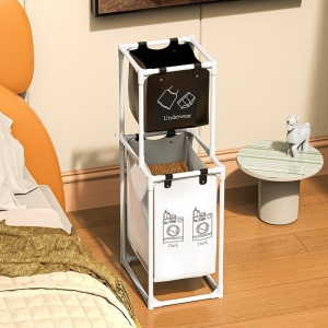 Raft/Cos Depozitare Haine Murdare, Flippy, pentru Baie, cu 2 Etaje, 2 Cosuri, Cadru de Otel Inoxidabil, 97 x 44 x 31 cm, Alb - Img 3