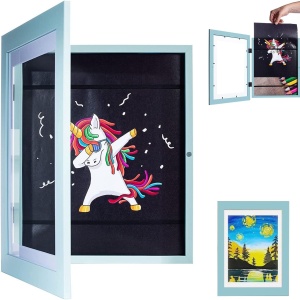 Rama Foto Flippy, cu Magnet, din Lemn, cu Spatiu Pentru Depozitare, Pentru Desene si Picturi A4, Sticla Securizata, Rama MDF, 21x30 cm, Albastru - Img 5