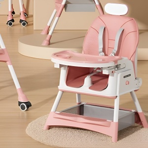 Scaun de Masa pentru Bebelusi si Copii Flippy, cu Roti, cu Tetiera, Telescopic, Pliabil, Masuta Reglabila, Suport Picioare, Scaun cu Invelis Piele Artificiala, Centura Siguranta, Spatiu Depozitare, 97 x 73 x 65 cm, Roz - Img 4