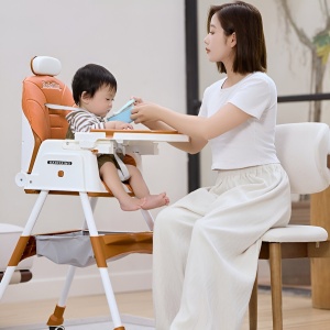 Scaun de Masa pentru Bebelusi si Copii Flippy, cu Roti, cu Tetiera, Telescopic, Pliabil, Masuta Reglabila, Suport Picioare, Scaun cu Invelis Piele Artificiala, Centura Siguranta, Spatiu Depozitare, 97 x 73 x 65 cm, Maro - Img 4