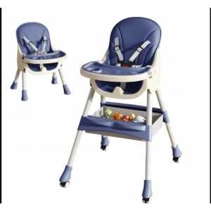 Scaun de Masa pentru Bebelusi si Copii, Flippy, cu Roti, Telescopic, Pliabil, Masuta Reglabila, Suport Picioare, Scaun cu Invelis Piele Artificiala, Centura Siguranta, Spatiu Depozitare, 97x73x65 cm, Albastru - Img 4