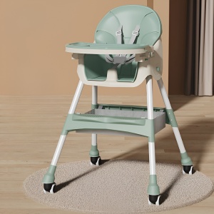 Scaun de Masa pentru Bebelusi si Copii, Flippy, cu Roti, Telescopic, Pliabil, Masuta Reglabila, Suport Picioare, Scaun cu Invelis Piele Artificiala, Centura Siguranta, Spatiu Depozitare, 97x73x65 cm, Verde - Img 2