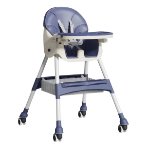 Scaun de Masa pentru Bebelusi si Copii, Flippy, cu Roti, Telescopic, Pliabil, Masuta Reglabila, Suport Picioare, Scaun cu Invelis Piele Artificiala, Centura Siguranta, Spatiu Depozitare, 97x73x65 cm, Albastru - Img 1