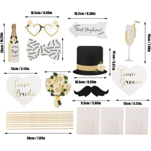 Set 10 Accesorii pentru Petrecere, Flippy, Props pentru Coltul de Poze, Model Mire si Mireasa, Tematica Nunta, Multicolor - Img 6