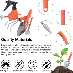 Set 10 Unelte de Gradina, Flippy, pentru Plantare Prelucrare Sol si Ingrijire Plante, Manere Portocalii, Material PVC si Otel Inoxidabil, Cutie Inclusa, 37x28x7 cm, Negru - Img 5