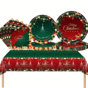 Set 119 Piese, Flippy, pentru Masa de Craciun, Farfurii 18 cm, Farfurii 23 cm, Pahare, Servetele, Tacamuri, Fata de Masa, Ghirlanda, Paie, Rosu/Verde - Img 6
