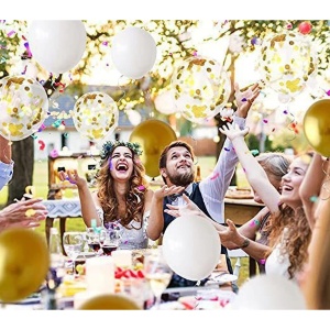 Set 12 Baloane din Folie Metalizata si din Latex, Flippy, Model Mr Mrs, Tema Nunta, Baloane Party cu Confetti, 45 cm, 30 cm, Pai inclus, Umflare cu Aer sau Heliu, Alb/Auriu - Img 2