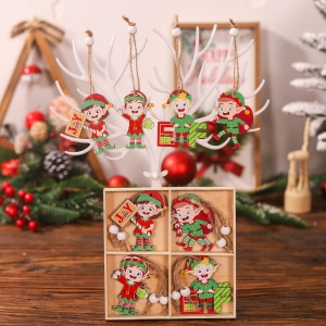 Set 12 Decoratiuni de Craciun din Lemn, Flippy, cu Snur pentru Agatare in Brad, Model Elfi Diferite Dimensiuni, 4 Modele, Multicolor - Img 3