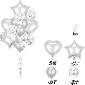 Set 14 Baloane din Folie Metalizată si din Latex, Flippy, Figurine Stea si Inima 45 cm, Baloane Latex 30 cm, Tema Buchet, Ambalaj Individual, Pai Inclus, Umflare cu Aer sau Heliu, Argintiu - Img 2
