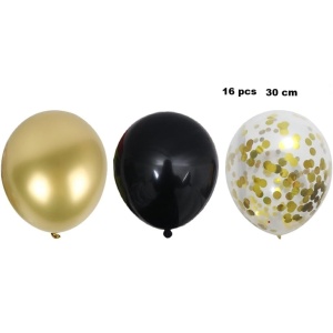 Set 16 Baloane din Latex, Flippy, Model Party, 30 cm, Auriu, Negru, Confetti, 2.8 g - Img 2