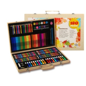Set 180 Piese pentru Desen si Pictura, Flippy, Tip Servieta din Lemn, Model Natur, 46 x 30.9 x 4.1 cm, Multicolor - Img 1