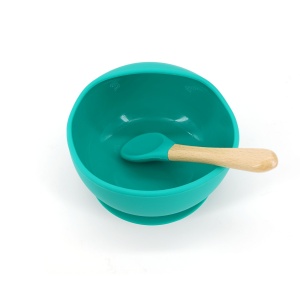 Set 2 piese diversificare bebelusi si copii din silicon Flippy, bol cu ventuza, lingurita din lemn si silicon, pentru gustari, fara alergeni, verde - Img 2