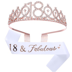 Set 2 Piese pentru Majorat, Flippy, 15 x 13 x 5 cm, Coronita Printesa Rose si Panglica 18&amp;Fabulous, Alb - Img 1