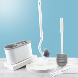 Set 3 Perii pentru Toaleta, Flippy, din Silicon, Perie Zimtata, Cap Flexibil, Suport Adeziv pentru Montarea pe Perete, 39 x 19 x 9.8 cm, Gri/Alb - Img 8