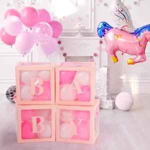 Set 4 Cutii pentru Baloane, Flippy, Model Scris Baby, Tematica Iubire, Cuburi Decorative din Plastic, Accesorii pentru Petrecere, 30 x30 cm, Transparente Contur Roz - Img 4