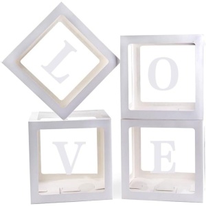 Set 4 Cutii pentru Baloane, Flippy, Model Scris Love, Tematica Iubire, Cuburi Decorative din Plastic, Accesorii pentru Petrecere, 30 x30 cm, Transparente Contur Alb - Img 7