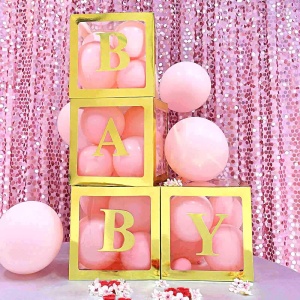 Set 4 Cutii pentru Baloane, Flippy, Model Simplu, Tematica Aniversare, Cuburi Decorative din Plastic, Accesorii pentru Petrecere, 30 x30 cm, Transparente Contur Auriu - Img 2