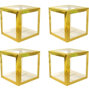 Set 4 Cutii pentru Baloane, Flippy, Model Simplu, Tematica Aniversare, Cuburi Decorative din Plastic, Accesorii pentru Petrecere, 30 x30 cm, Transparente Contur Auriu - Img 1