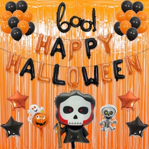 Set 5 Baloane din Folie Metalizata, Flippy, Figurine, Tema Halloween, Pai Inclus, Ambalaj Individual, Umflare cu Aer sau Heliu, Figurina Craniu 50.5x74 cm, Stelute si Cerculete 45 cm, Alb-Negru - Img 5