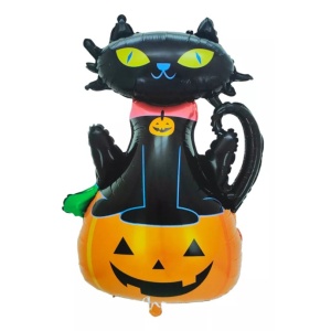Set 5 Baloane din Folie Metalizata, Flippy, Figurine, Tema Halloween, Pai Inclus, Ambalaj Individual, Umflare cu Aer sau Heliu, Figurina Dovleac si Pisica 90x60 cm, Stelute si Cerculete 45 cm, Portocaliu-Negru - Img 7