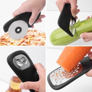 Set 6 in 1 mini ustensile bucatarie Flippy, taietor pizza, cutit, curatator, razatoare, desfacator, presa usturoi, manere din ABS, lame ascutite din otel inoxidabil, 7.1 x 12.9 x 4.8 cm, negru - Img 12