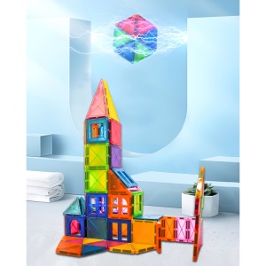 Set 88 Piese Magnetice de Constructie, Flippy, Piese 5.5 cm, Magnetic Tiles, Forme Geometrice, 3 Ani, ABS, Magnet, 27.5 x 21.5 x 17 cm, Multicolor - Img 8