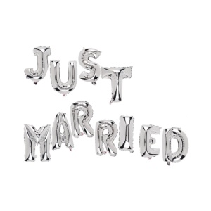 Set Baloane din Folie Metalizata, Flippy, Figurine Litere, Model Just Married, Tema Nunta, 40 cm, Baloane Party, Ambalaj Individual, Pai inclus, Umflare cu Aer sau Heliu, Argintiu - Img 3