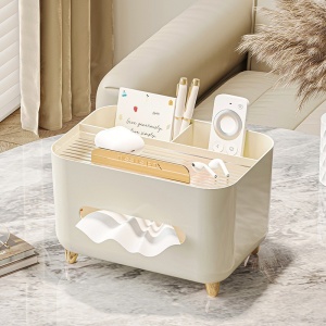 Suport pentru Servetele, Flippy, Cutie Multifunctionala, Design Minimalist, ABS, cu Suport pentru Obiectele Personale, pentru Birou, 21x15x13 cm, Crem - Img 11