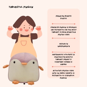 Taburet Pentru Copii, Flippy, Cadru din Lemn Masiv, 25 x 29 x 29 cm, Perna de Burete Elastica si Maner de Transport, in Forma de Pinguin, Roz - Img 6