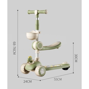 Trotineta Multifunctionala 3 in 1, Flippy, pentru Copii, 1-7 Ani, cu Lumini si Muzica, Reglabil 360, Pliere Usoara, Reglarea Inaltimii, Model Dinozaur, Bej/Verde - Img 4