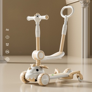 Trotineta Multifunctionala 6 in 1, Flippy, Pentru Copii De La 10 Luni Pana La 12 Ani, Cu Maner De Impingere, Reglabil 360, Pliere Usoara, Reglarea Inaltimii, Model Dinozaur, Alb/Bej - Img 6