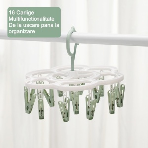 Uscator de Rufe Suspendat Flippy, cu 16 Carlige, Rotire 360 Grade, Mateiral Plastic, Usor de Depozitat, Multifunctional, 26 x 21 cm, Verde - Img 4