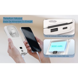 Ventilator Portabil Flippy, 3 in 1, de Mana, de Gat, de Birou, 16.7 x 8 x 1.9 cm, 3 Trepte de Viteza, Incarcare USB, Pliabil, Afisaj Digital, Suport Telefon, Alb - Img 4